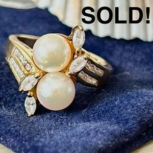 SOLD!! Gold Sparkling CZs and Genuine Pearls Ring